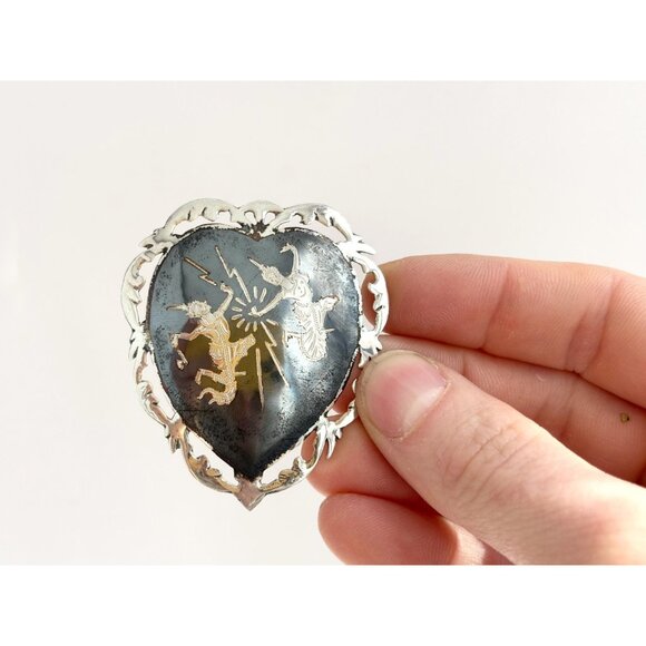 Siam Sterling Silver Mekkalah & Ramasoon Heart Shaped Vintage Thai Brooch - Picture 8 of 10